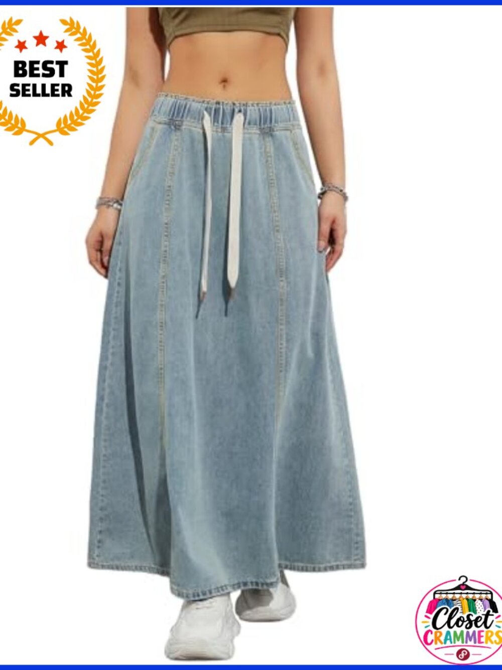 Denim Maxi Skirt High Waist A-Line Flare Elastic Waist Casual Summer